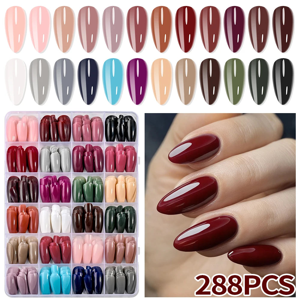 288pcs/box Solid Color Almond False Nails Medium Colorful Simple Press On Nails Mixed Full Cover Almond Fake Nail Tips for Women