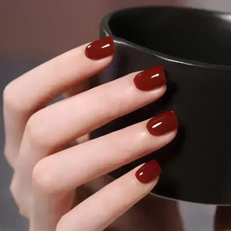 24pcs/Box Long Stiletto False Nails with Glue Red Nude Pink White MilkTea Color Jelly Nails Tips Full Cover Press on Nails