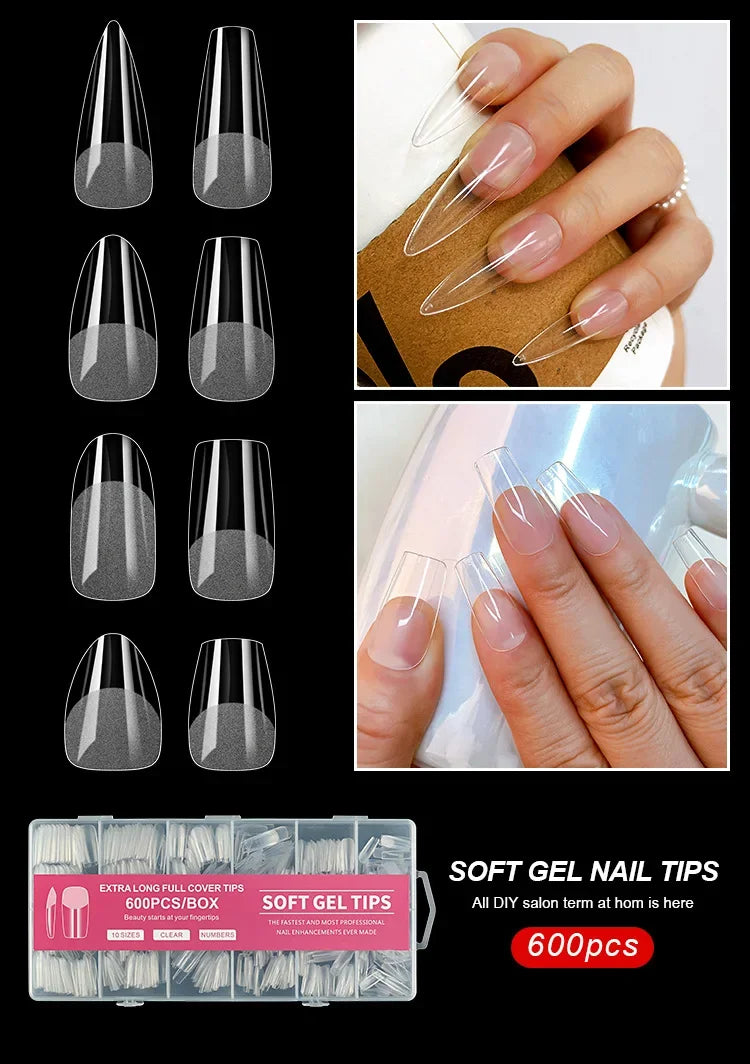 240/600Pcs Soft Gel False Nail Tips Short Square Coffin Almond Artificial Press On Nails Fake Extension X Capsule Manicure Tools