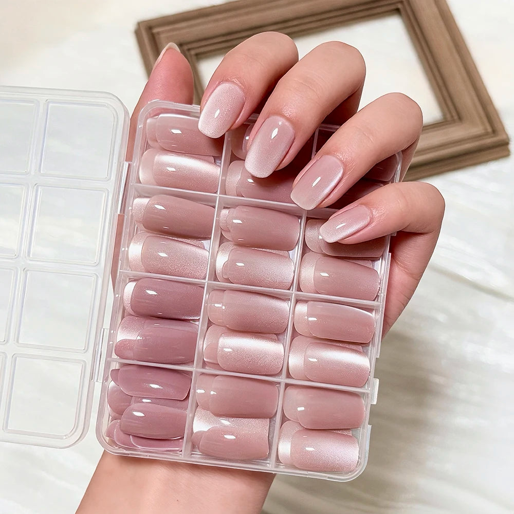 144Pcs Pink Cat Eye Press On False Nails Aurora Nude Color Ice Clear Fake Manicure Holographic Mirror Cat's Eye Wearable Nail