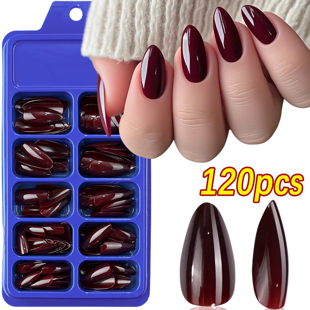 120pcs/Box Bright Gloss Pink False Nails Medium Almond Simple Solid Color Press On Nails Soft Gel Full Cover Wearable False Nail
