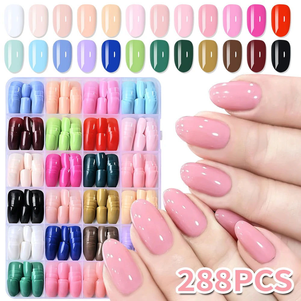 288Pcs/box Colorful Short Almond False Nails 1.2-2.21cm Soft Gel Almond Press On Nail Pink/Blue/Nude Full Cover Acrylic Nail Tip