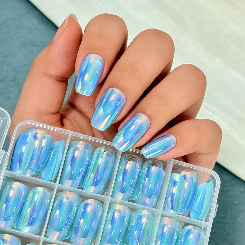 144Pcs Pink Cat Eye Press On False Nails Aurora Nude Color Ice Clear Fake Manicure Holographic Mirror Cat's Eye Wearable Nail
