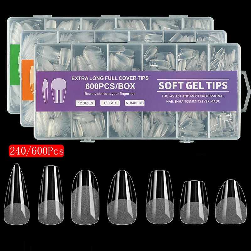 240/600Pcs Soft Gel False Nail Tips Short Square Coffin Almond Artificial Press On Nails Fake Extension X Capsule Manicure Tools