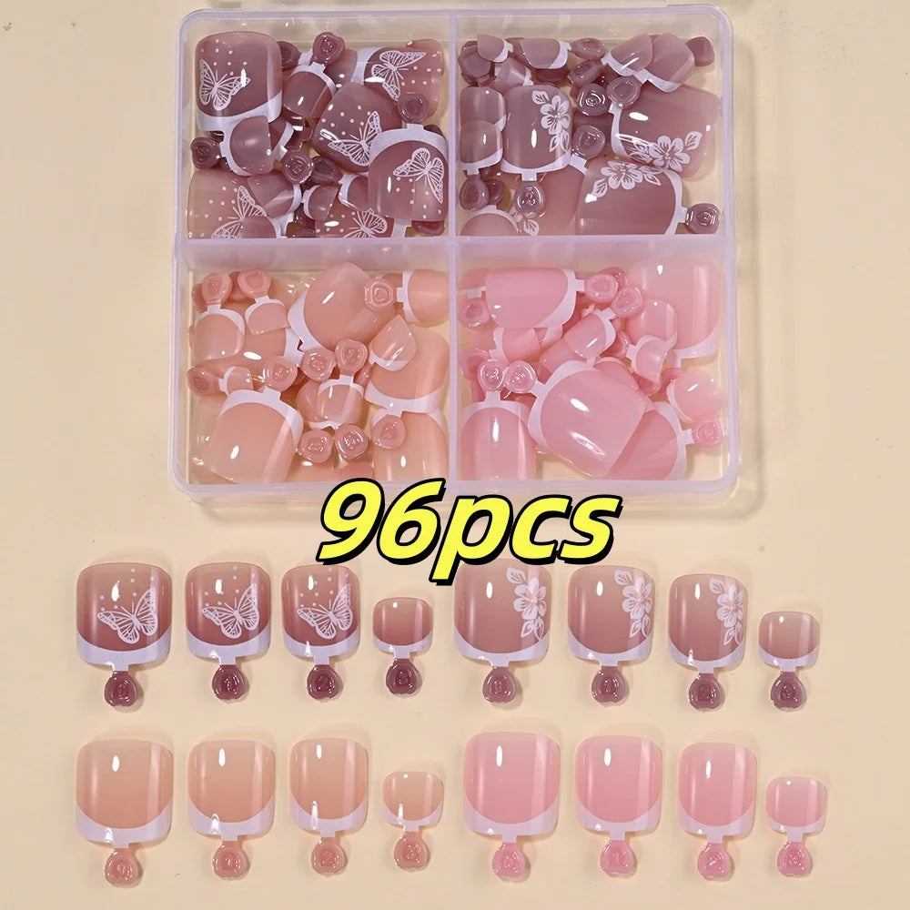 96pcs Short Square Toe Nails Butterfly/Flower French White Tip Fake Toenails Full Cover Fake Nail Set Cute Nail for Girls Gifts*