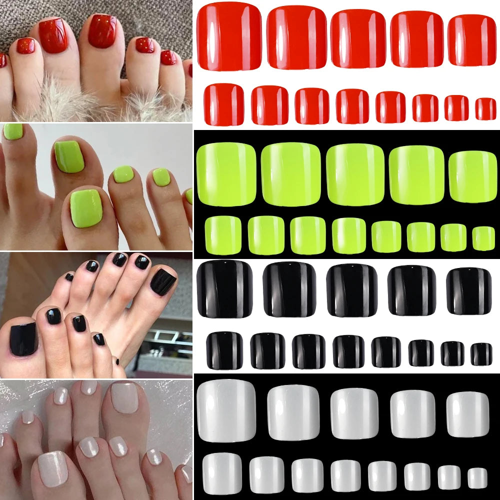 100/120Pcs Glossy Black White Press On Toenails Short Square Full Cover Fake Toe Nails Acrylic Toe False Tips Summer Manicure DI