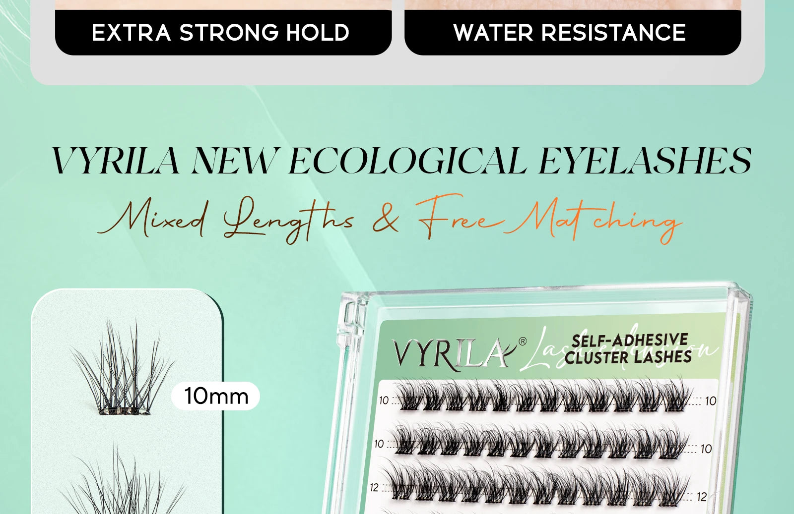 VYRILA Self Adhesive Eyelashes No Glue Needed Lashes 10‑16mm Pre Glued Cluster Lashes D Curl Soft Natural Press on Lashes