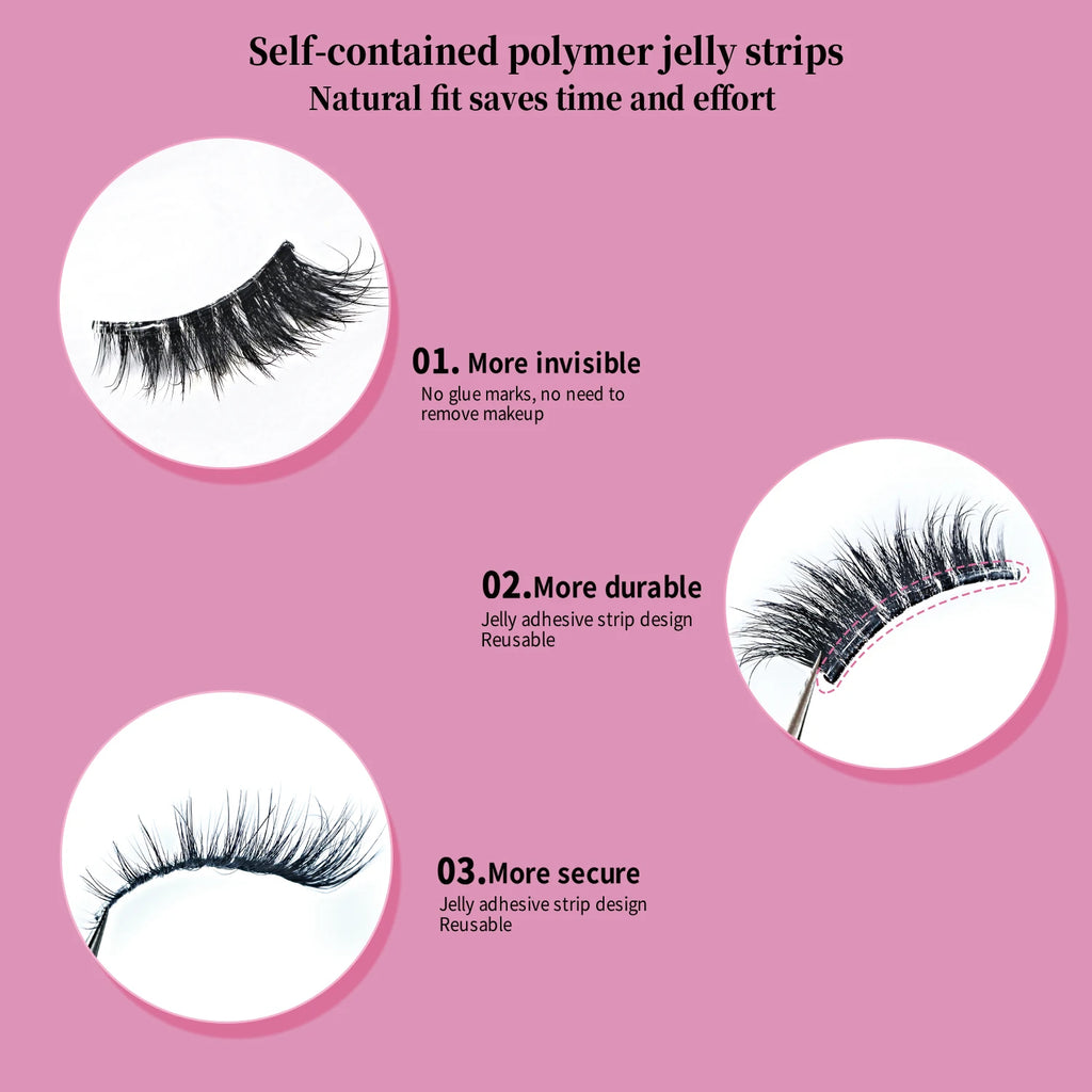 Self Adhesive Eyelashes Wide Glue Strip Press On Half Lashes Soft Clear Band Pre Glued False Eyelashes Reusable Cat Eye Lashes