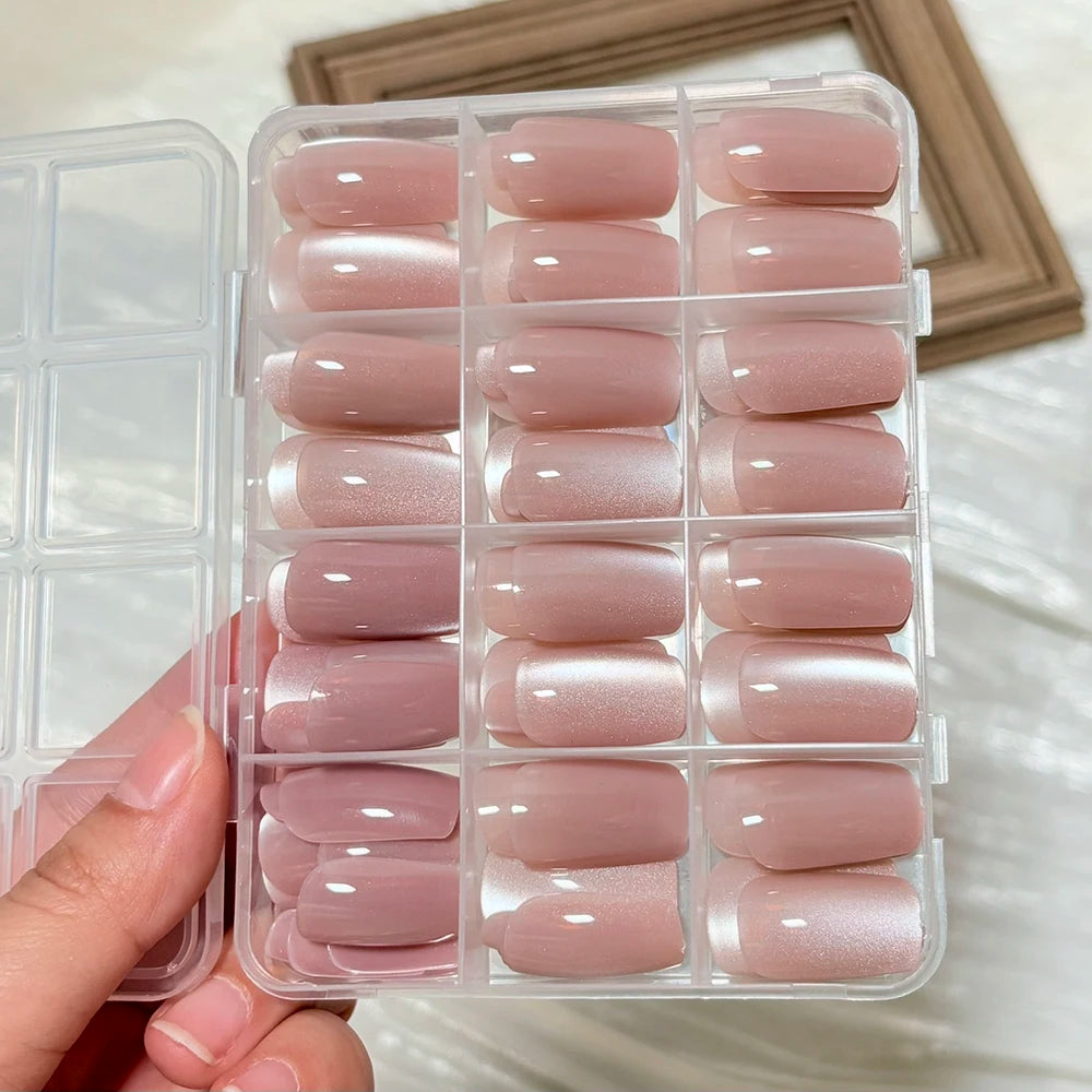 144Pcs Pink Cat Eye Press On False Nails Aurora Nude Color Ice Clear Fake Manicure Holographic Mirror Cat's Eye Wearable Nail