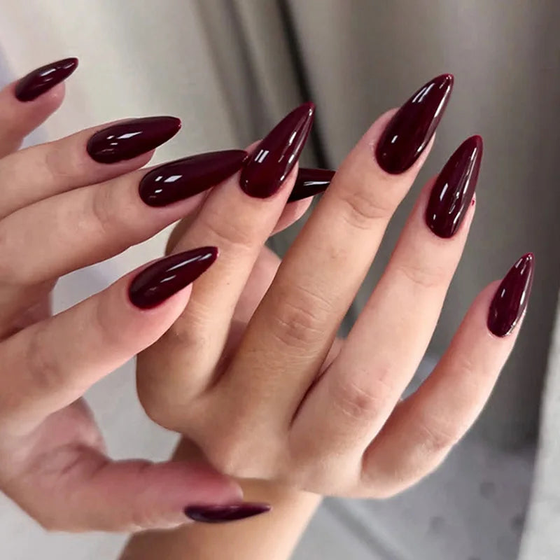 24pcs Wearable Wine Red artifiical Nails with glue Almond false nails with simple designs full cover ballet fake nails with glue