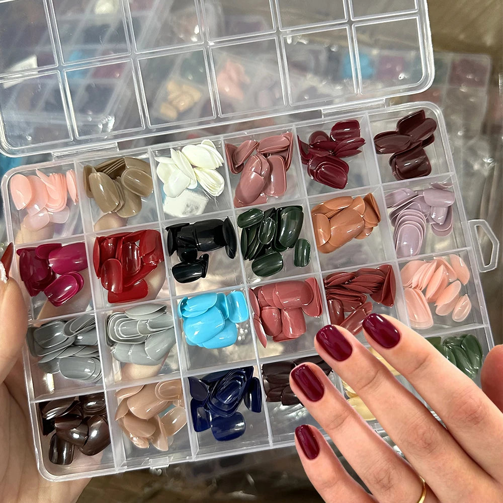 576pcs 24-Colors Short Round Square Press-On Nails Full Cover Glossy Pure Color False Nail Tips Artificial Wearable False Nails