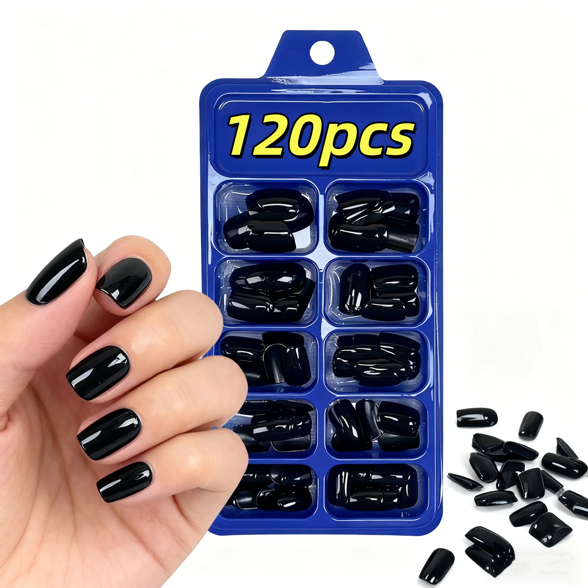 120pcs Solid Color Black Glossy Fake Nails Short Square Pressed Gel Nails Full Cover False Nails Acrylic DIY Artificial Nail Kit