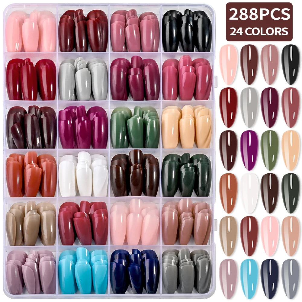 288pcs Glossy Red/Green/Blue/White Almond False Nails Medium Length Solid Color Full Cover Press On Nails Acrylic Fake Nails #R2
