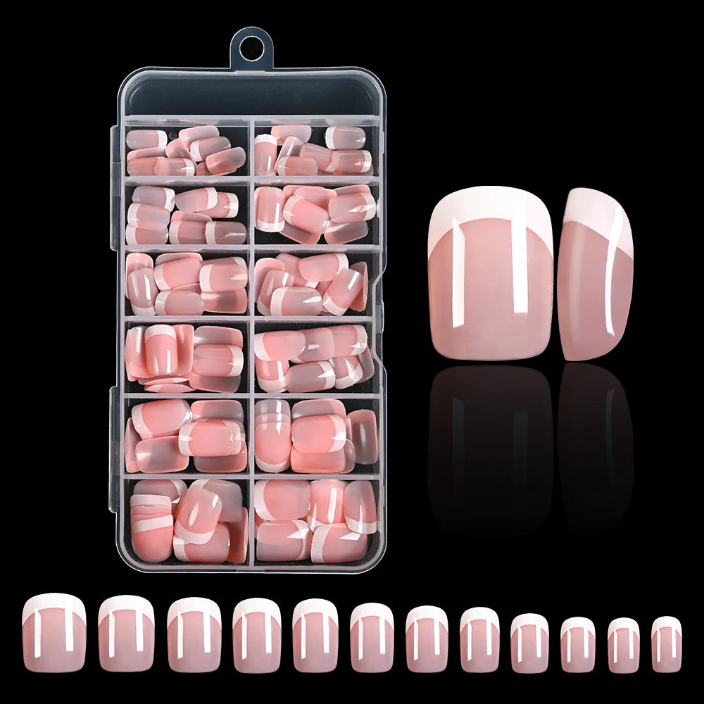 120pcs/Box Pink French Fake Nails Glossy French Short Square Design Full Cover False Nails Press On Nails Tips For Women Wedding