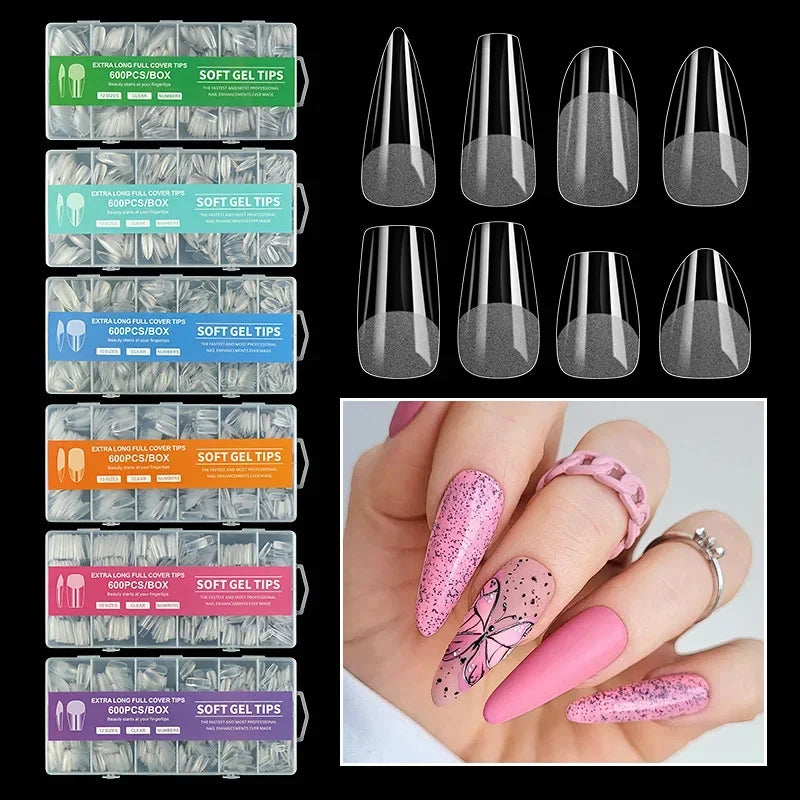 240/600Pcs Soft Gel False Nail Tips Short Square Coffin Almond Artificial Press On Nails Fake Extension X Capsule Manicure Tools