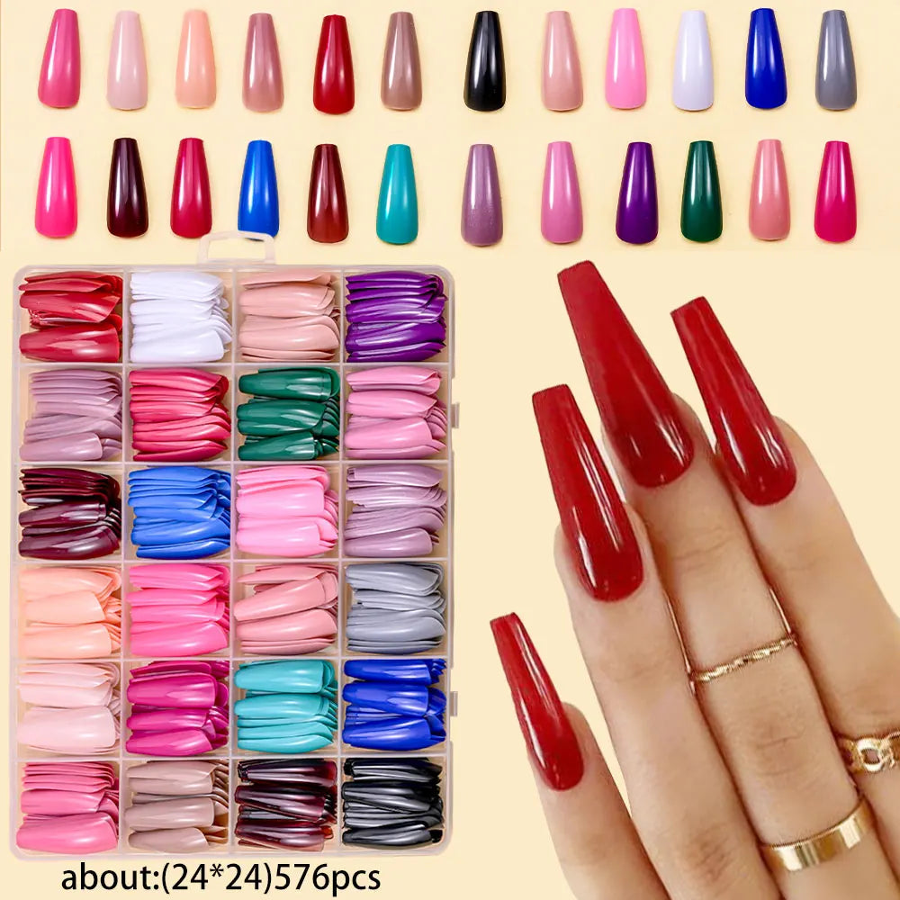 576pcs 24-Colors Short Round Square Press-On Nails Full Cover Glossy Pure Color False Nail Tips Artificial Wearable False Nails