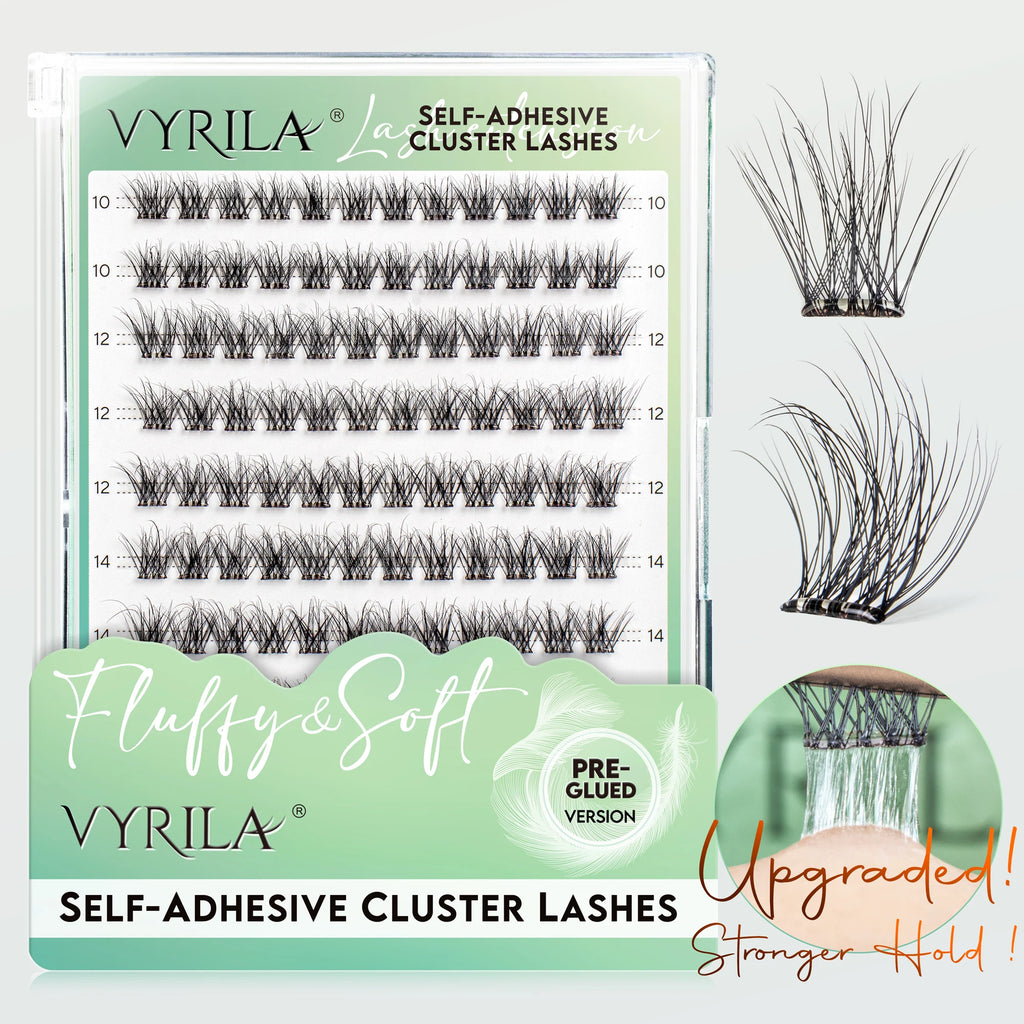 VYRILA Self Adhesive Eyelashes No Glue Needed Lashes 10‑16mm Pre Glued Cluster Lashes D Curl Soft Natural Press on Lashes