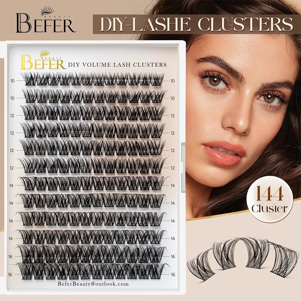 BEFER Cluster Lashes D Curl DIY Eyeslash Extension Lash Cluster Fluffy Volume Individual Natural False Eyelashes Clusters