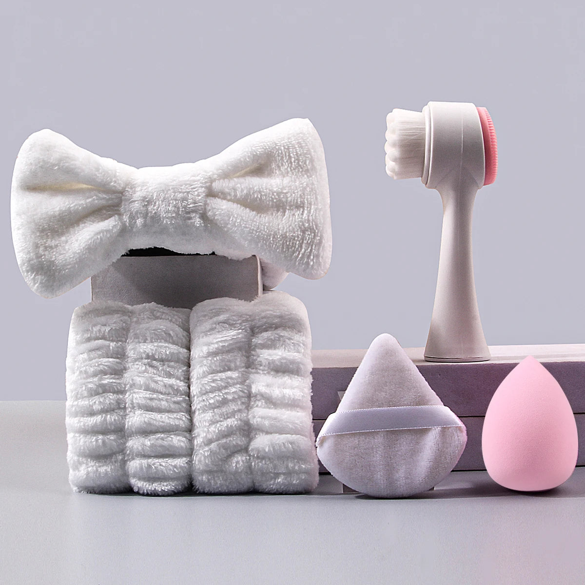 6PCS Super Practical makeup Powder puff Cleansing Set: Soft hair band, wrist band, face brush + Fine sponge egg powder puff