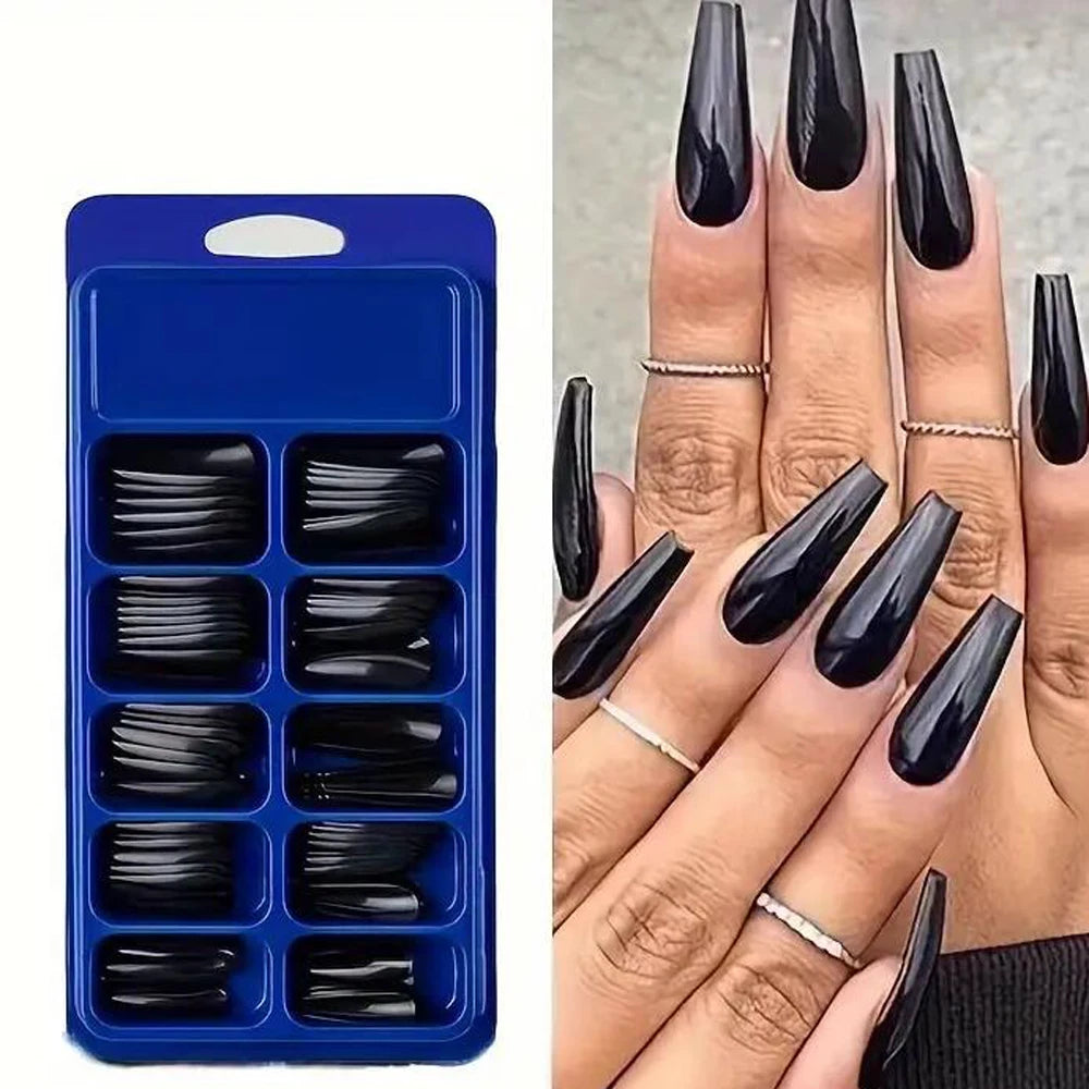 120pcs Black Short Square False Nails Long Glossy Full Cover Acrylic False Nails Artificial Pure Black Coffin Press On Nails