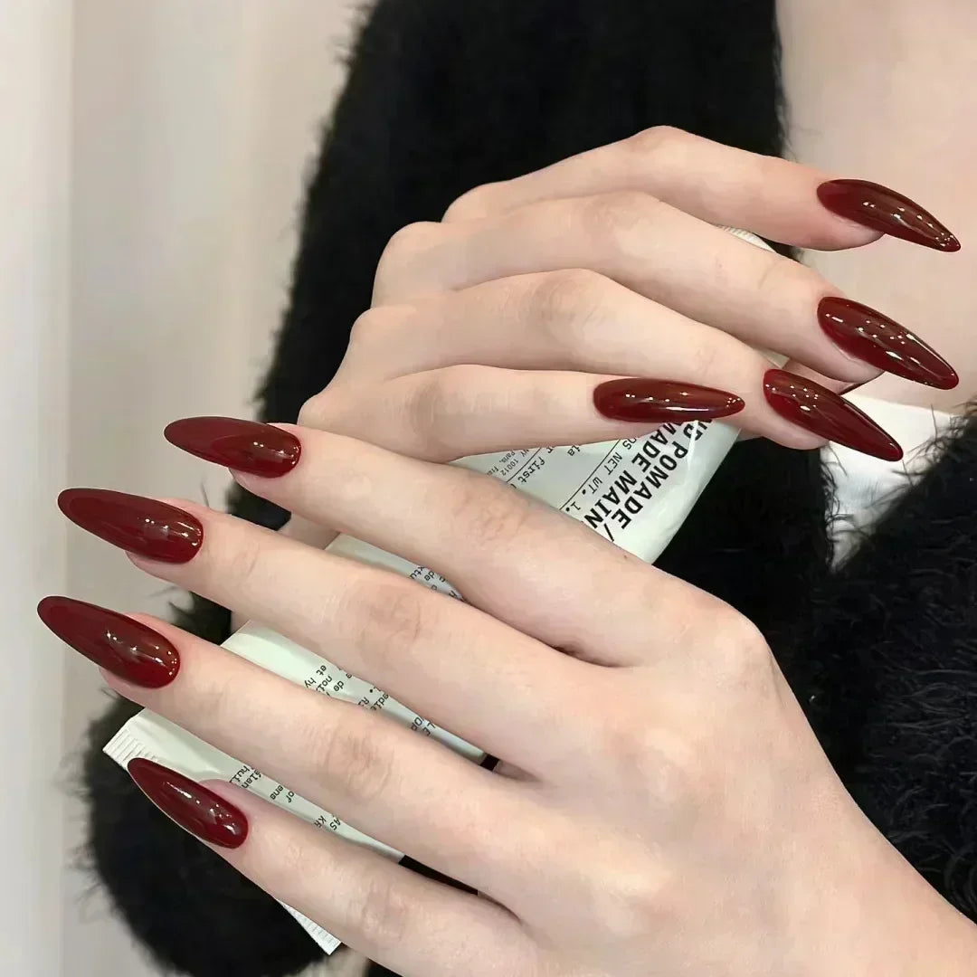 24pcs/Box Long Stiletto False Nails with Glue Red Nude Pink White MilkTea Color Jelly Nails Tips Full Cover Press on Nails