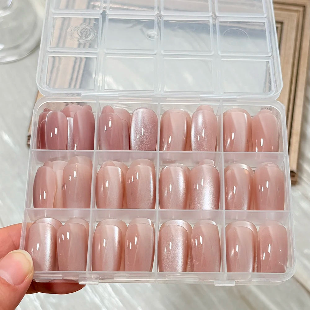 144pcs Glossy Nude Pink Cateye Press On Nail Medium Square Shape Glittery Handmade Full Cover Acrylic False Nails Fake Nail Set