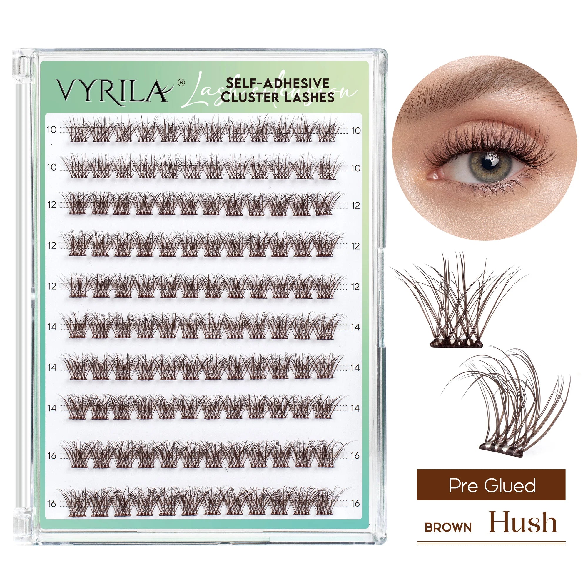 VYRILA Self Adhesive Eyelashes No Glue Needed Lashes 10‑16mm Pre Glued Cluster Lashes D Curl Soft Natural Press on Lashes