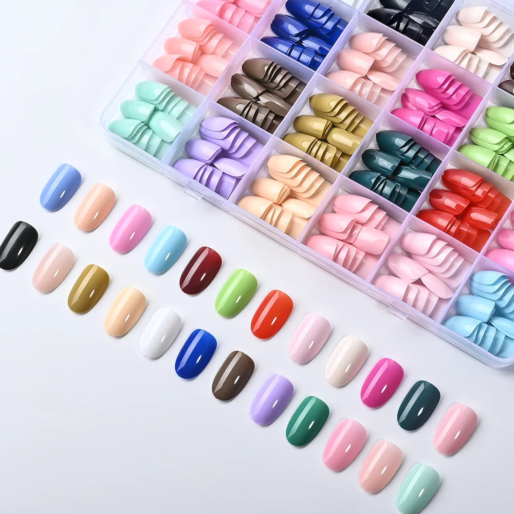 288Pcs/box Colorful Short Almond False Nails 1.2-2.21cm Soft Gel Almond Press On Nail Pink/Blue/Nude Full Cover Acrylic Nail Tip