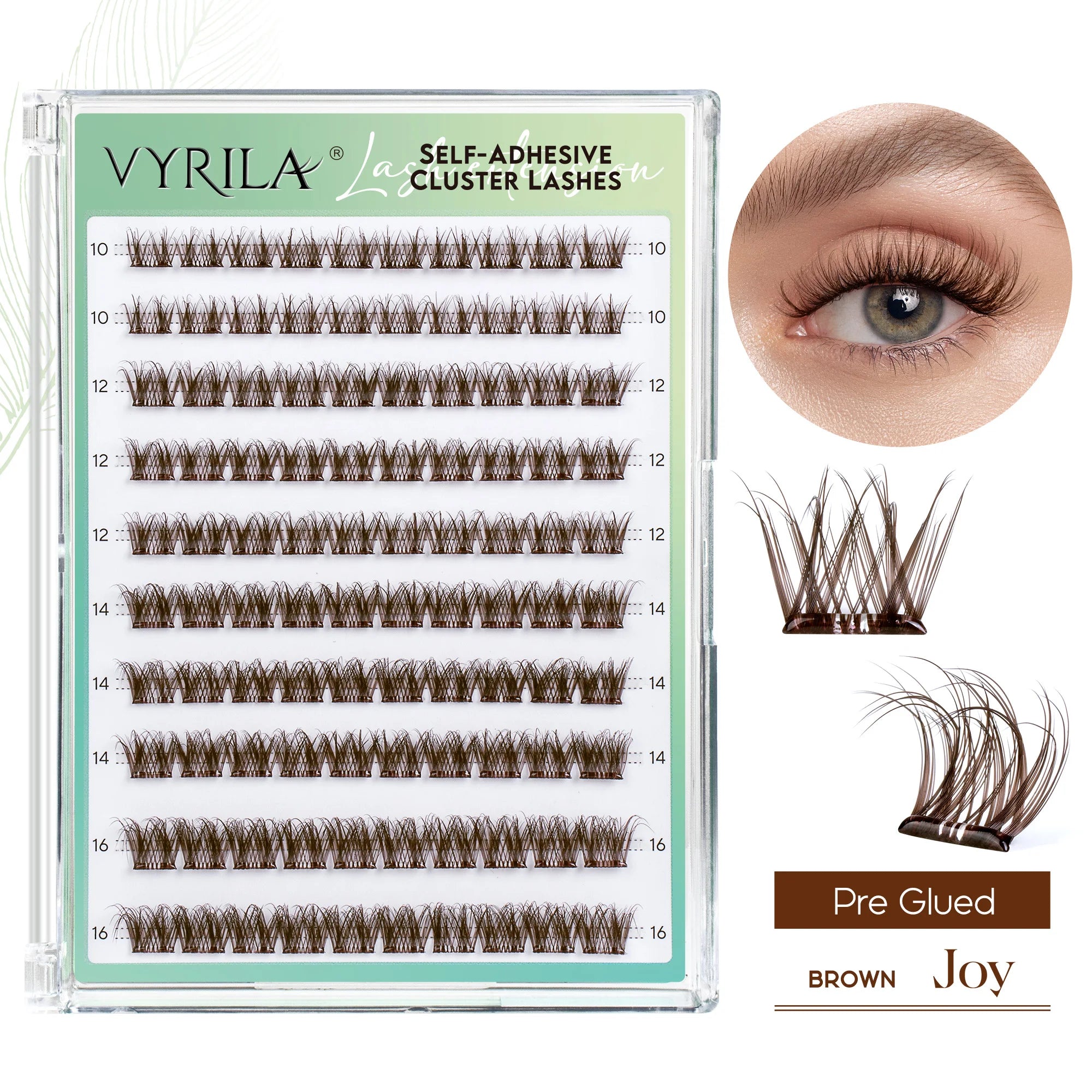 VYRILA Self Adhesive Eyelashes No Glue Needed Lashes 10‑16mm Pre Glued Cluster Lashes D Curl Soft Natural Press on Lashes