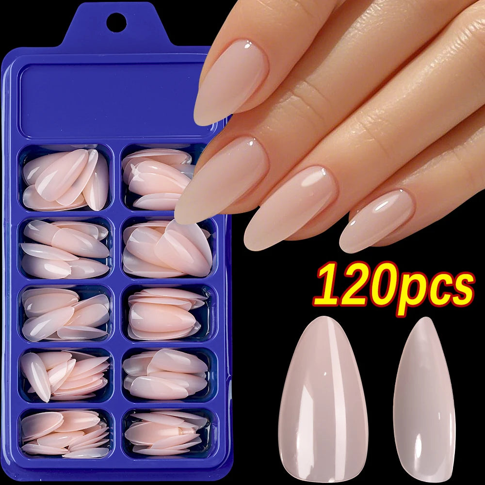 120pcs/Box Bright Gloss Pink False Nails Medium Almond Simple Solid Color Press On Nails Soft Gel Full Cover Wearable False Nail