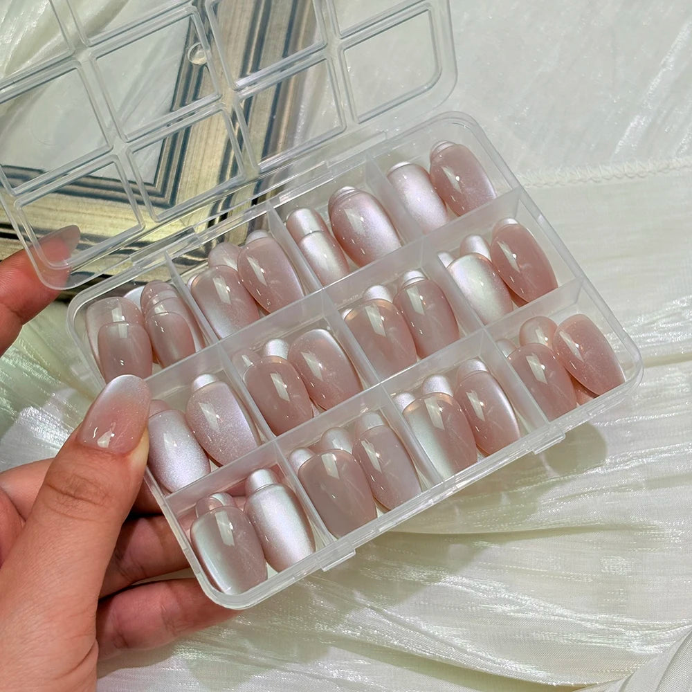 144pcs Glossy Nude Pink Cateye Press On Nail Medium Square Shape Glittery Handmade Full Cover Acrylic False Nails Fake Nail Set