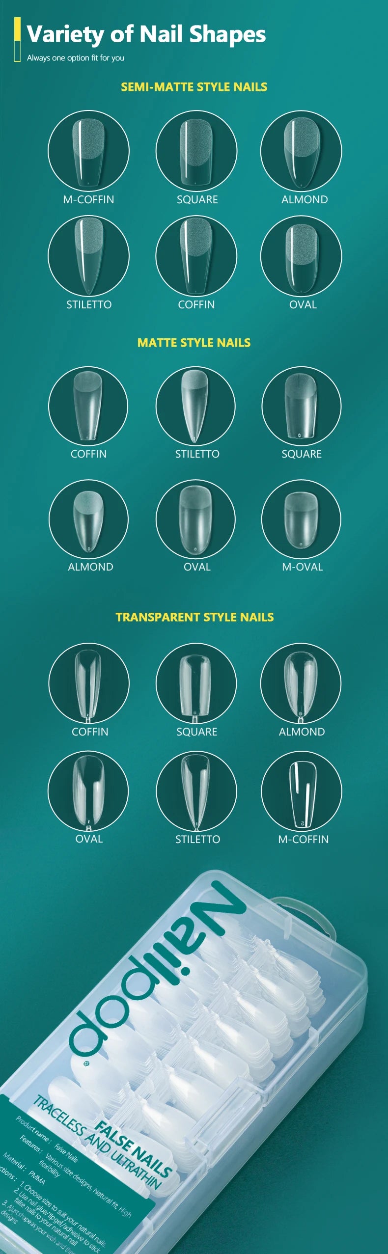 Nailpop 600pcs PRO Fake Nails Full Cover False Nail Tips Acrylic Nail Capsules Professional Material Finger Soak Off Gel Tips