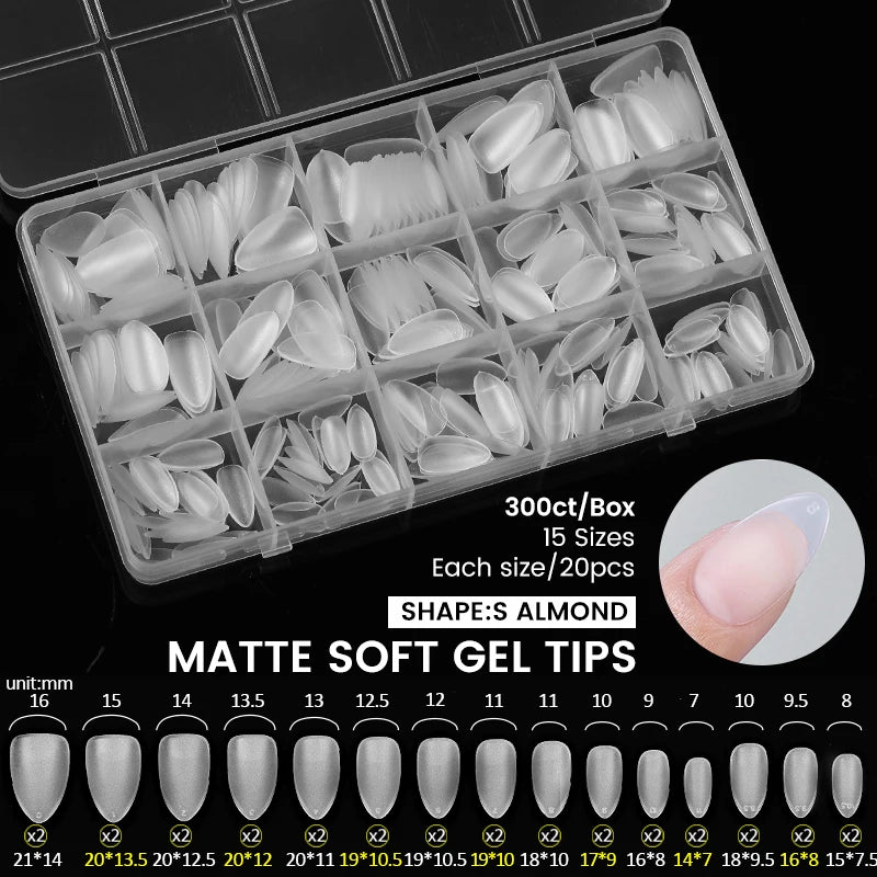 300/240pcs Matte Soft Gel Tips Short Almond Fake Nail Tips Nails Set Press On False Nail Full Cover Short Almond Nail Capsules