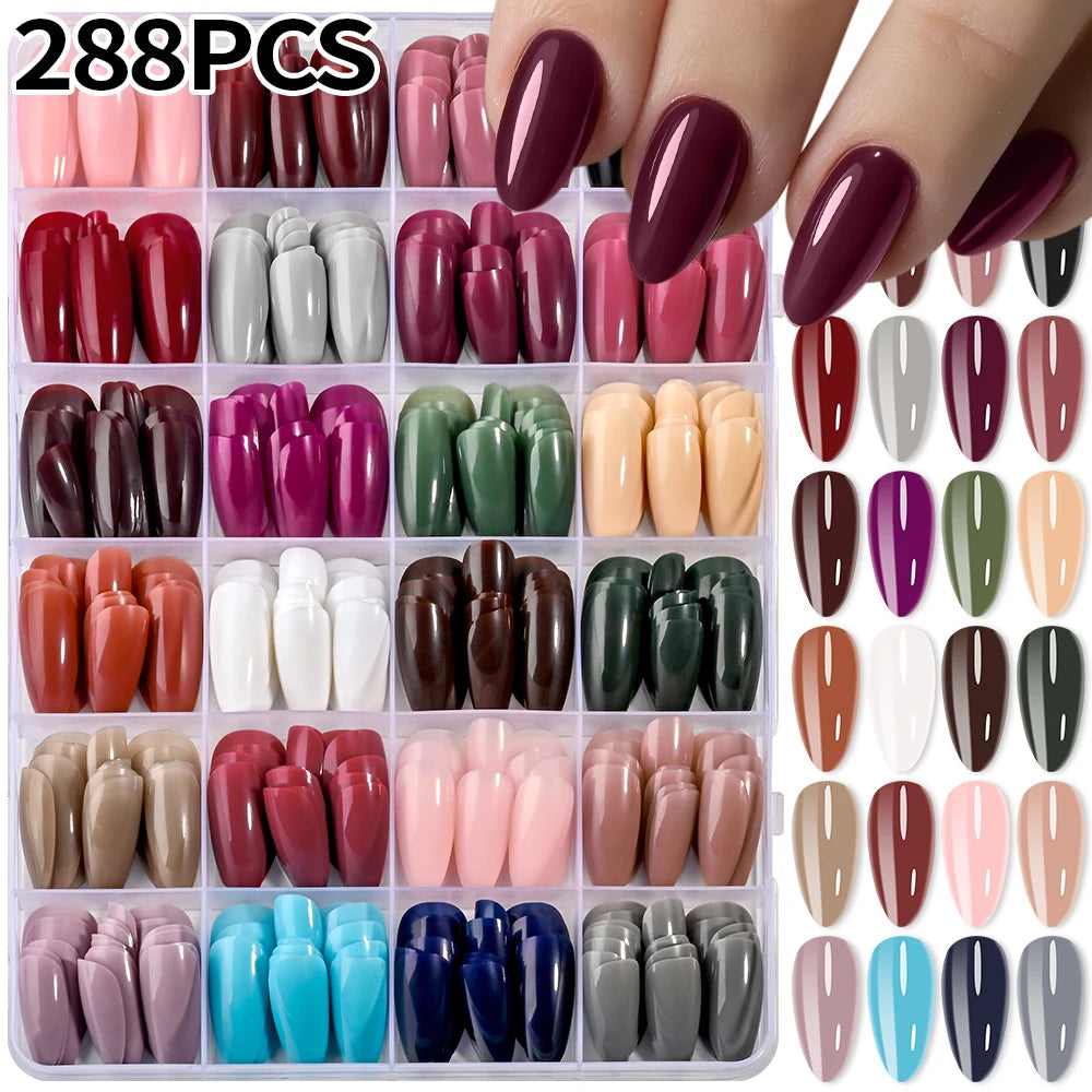 288pcs Glossy Red/Green/Blue/White Almond False Nails Medium Length Solid Color Full Cover Press On Nails Acrylic Fake Nails #R2